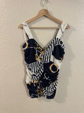 Venus Anchor Nautical Blue & White Sleeveless Ruched Summer Tanktop